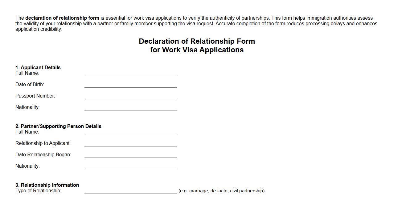 declaration of relationship form sample for work visa applications image preview