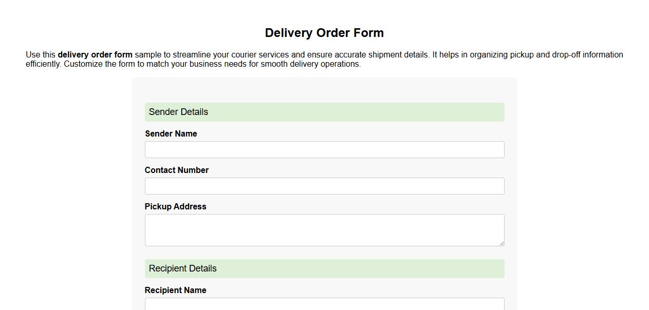 delivery order form sample for courier services image preview
