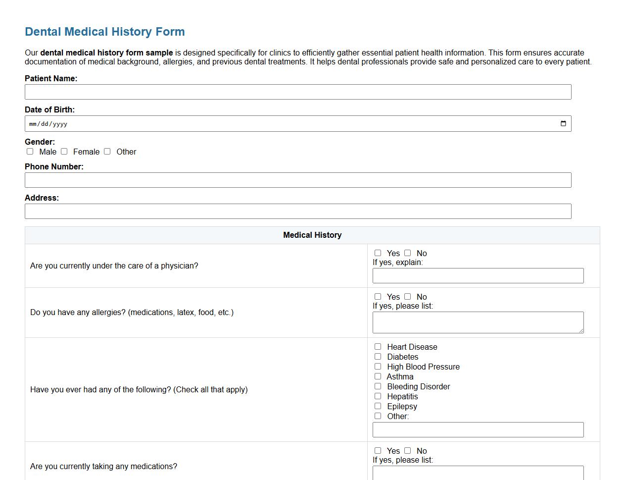 dental medical history form sample for clinics image preview