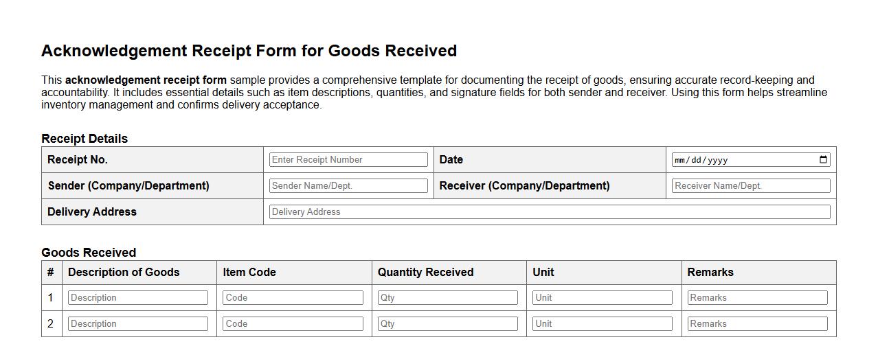 Detailed acknowledgement receipt form sample for goods received image preview
