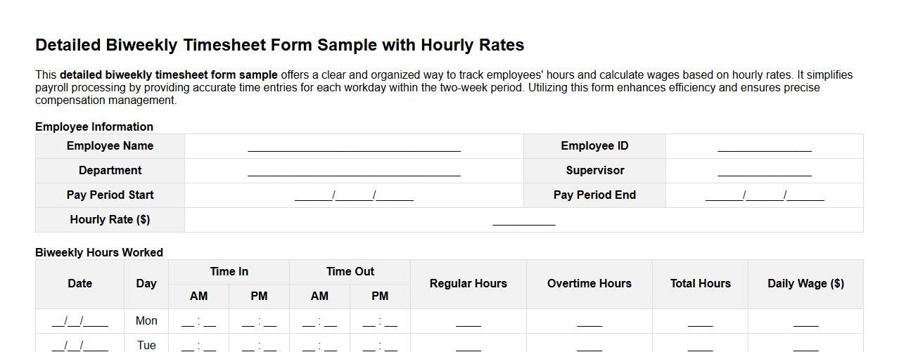 Detailed biweekly timesheet form sample with hourly rates image preview