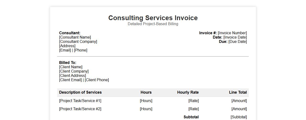 Detailed consulting services invoice form for project-based work image preview