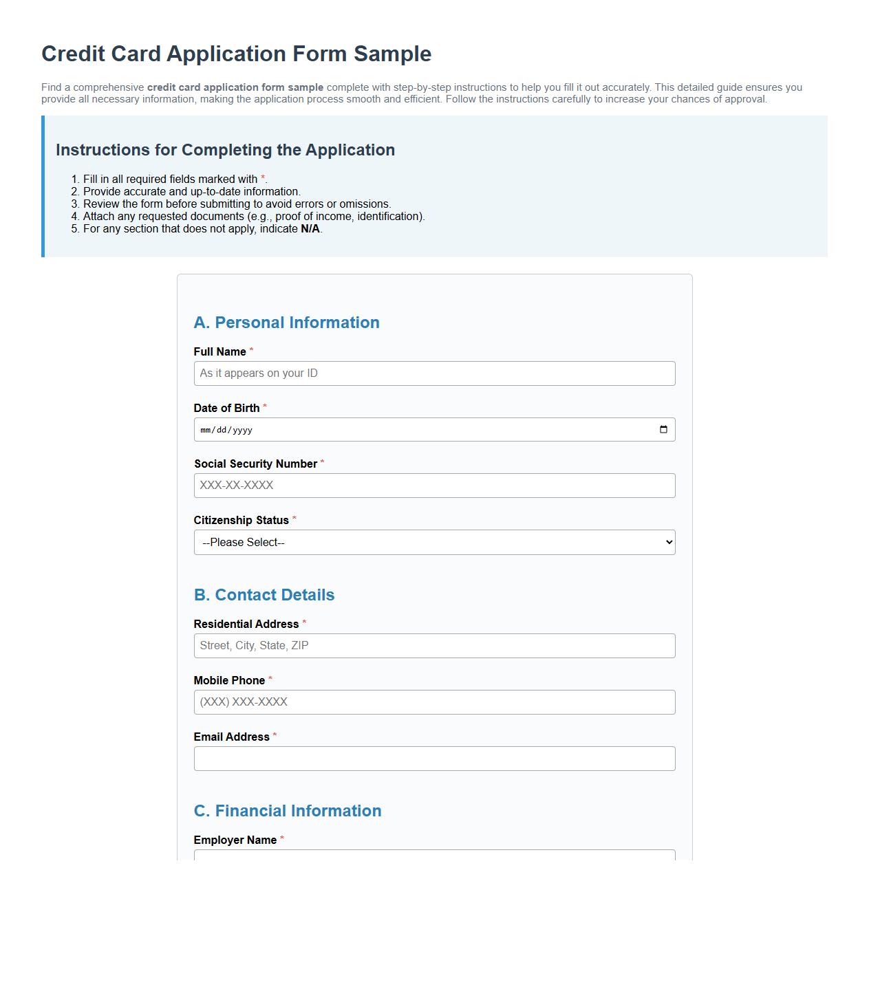 detailed credit card application form sample with instructions image preview