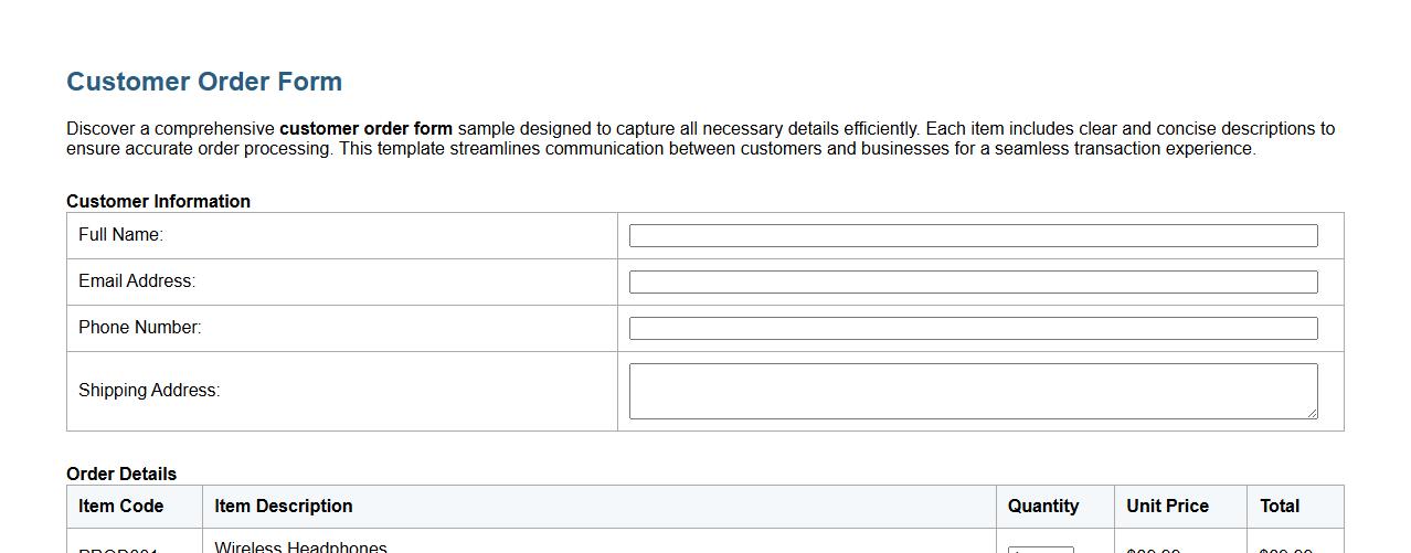 Detailed customer order form sample with item descriptions image preview