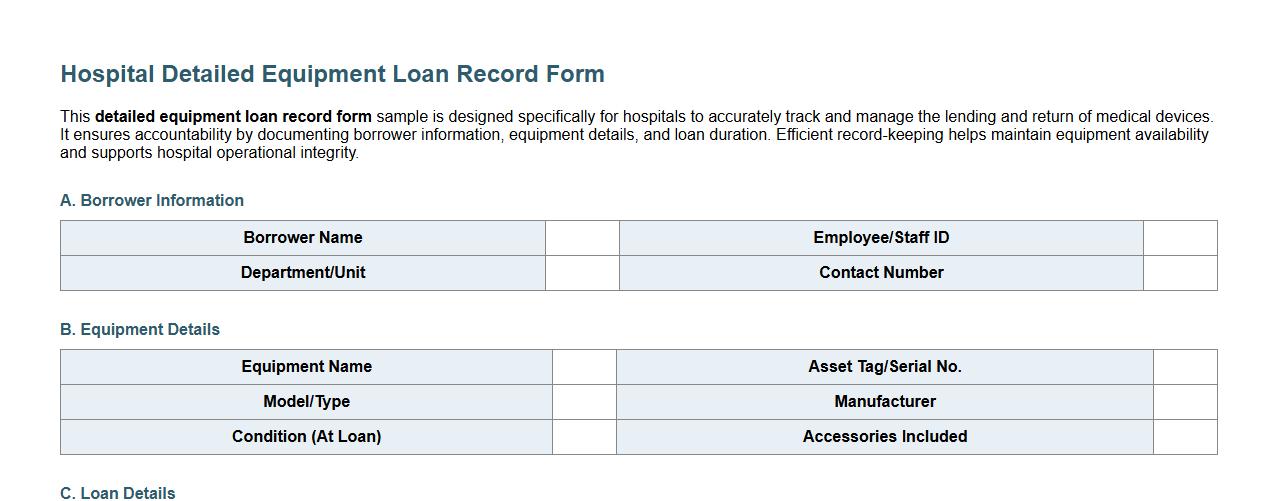 detailed equipment loan record form sample for hospitals image preview