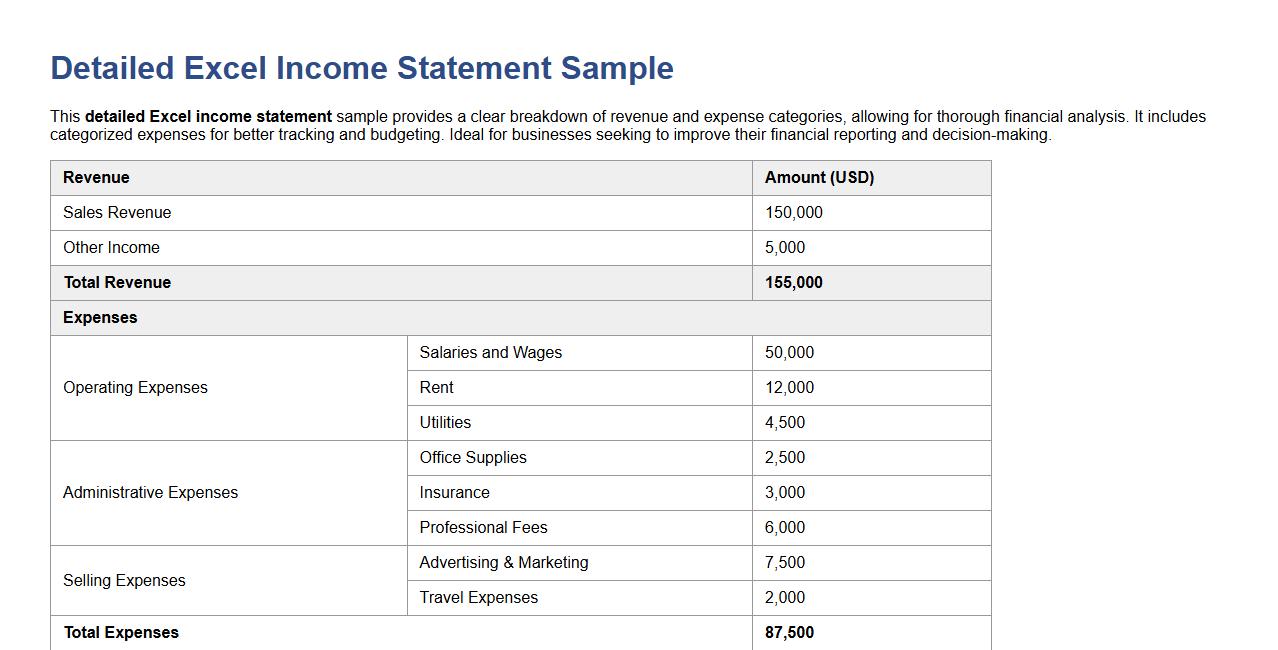 Detailed Excel income statement sample with expense categories image preview