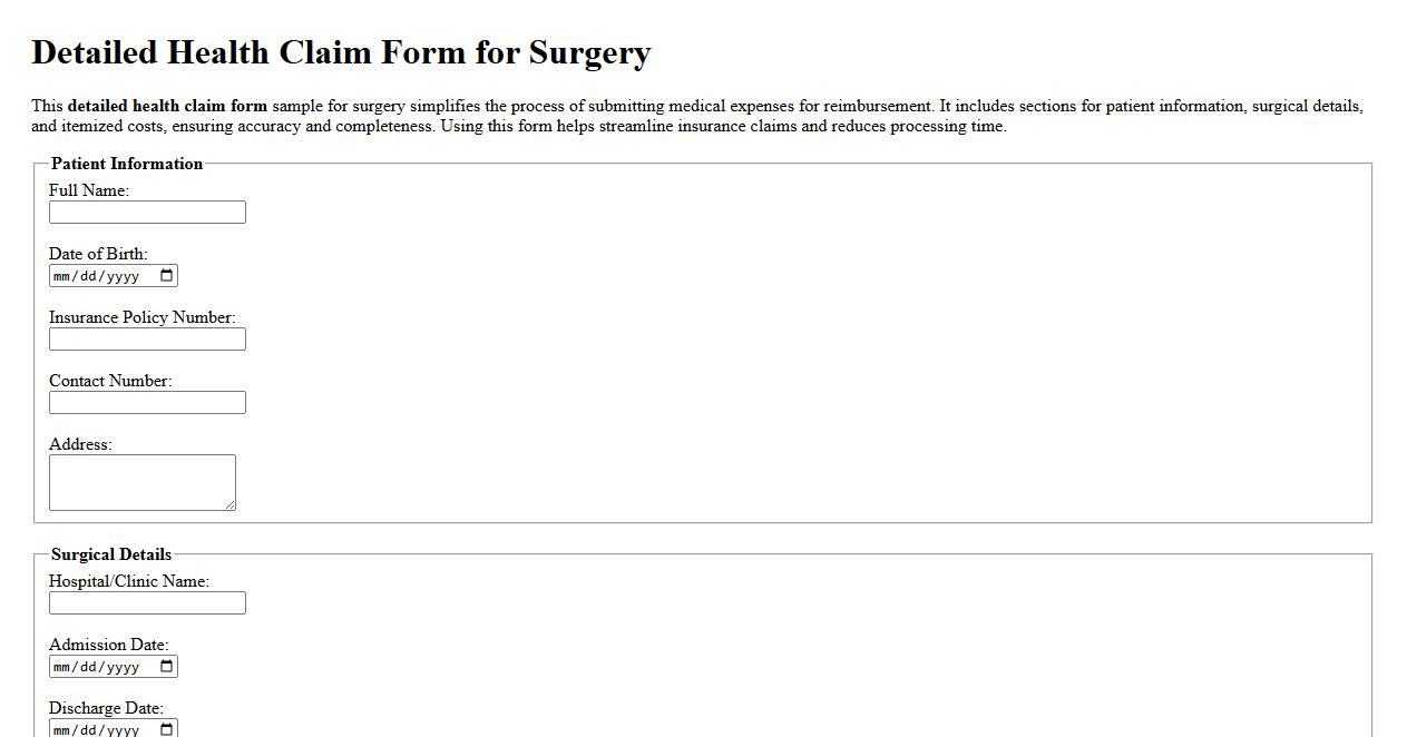 detailed health claim form sample for surgery image preview