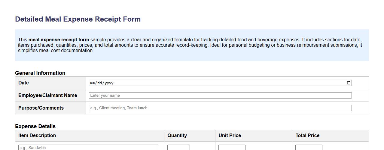 Detailed meal expense receipt form sample image preview