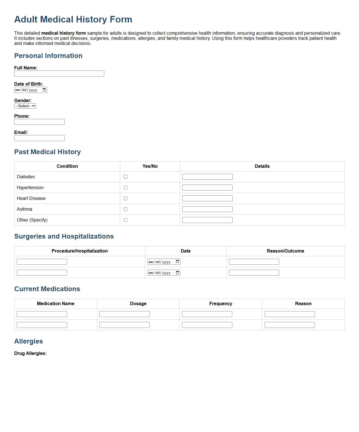 detailed medical history form sample for adults image preview