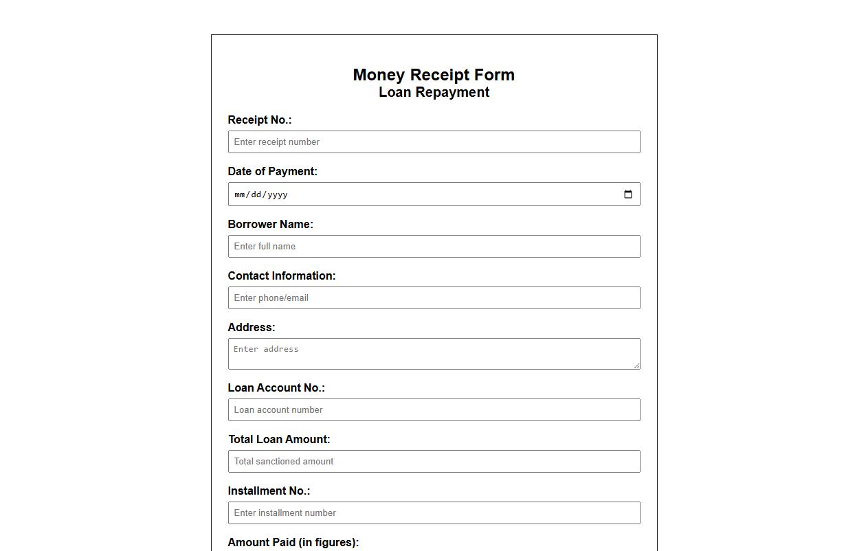 Detailed money receipt form sample for loan repayment image preview
