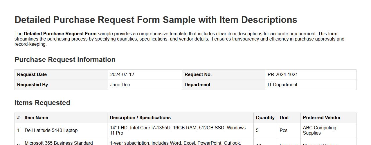 Detailed Purchase Request Form Sample with Item Descriptions image preview