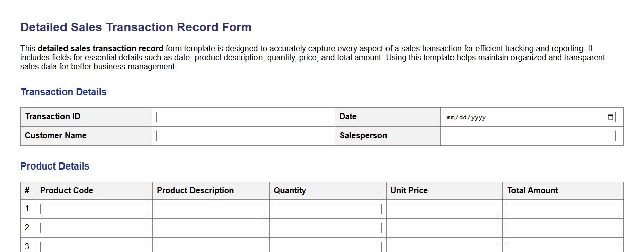 detailed sales transaction record form sample template image preview