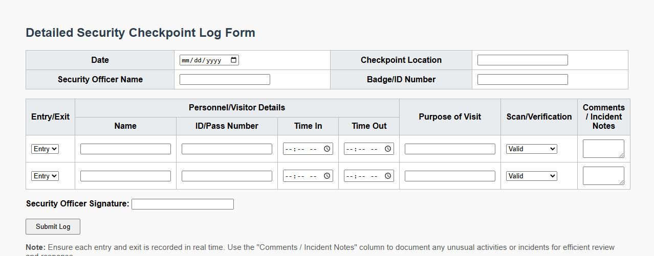 detailed security checkpoint log form sample image preview