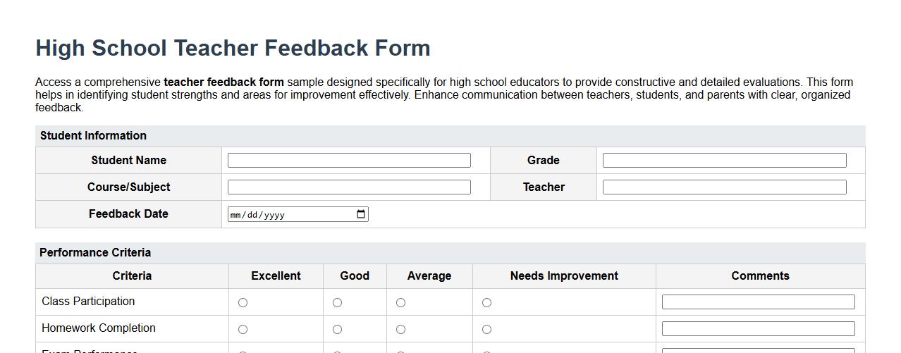 detailed teacher feedback form sample for high school image preview