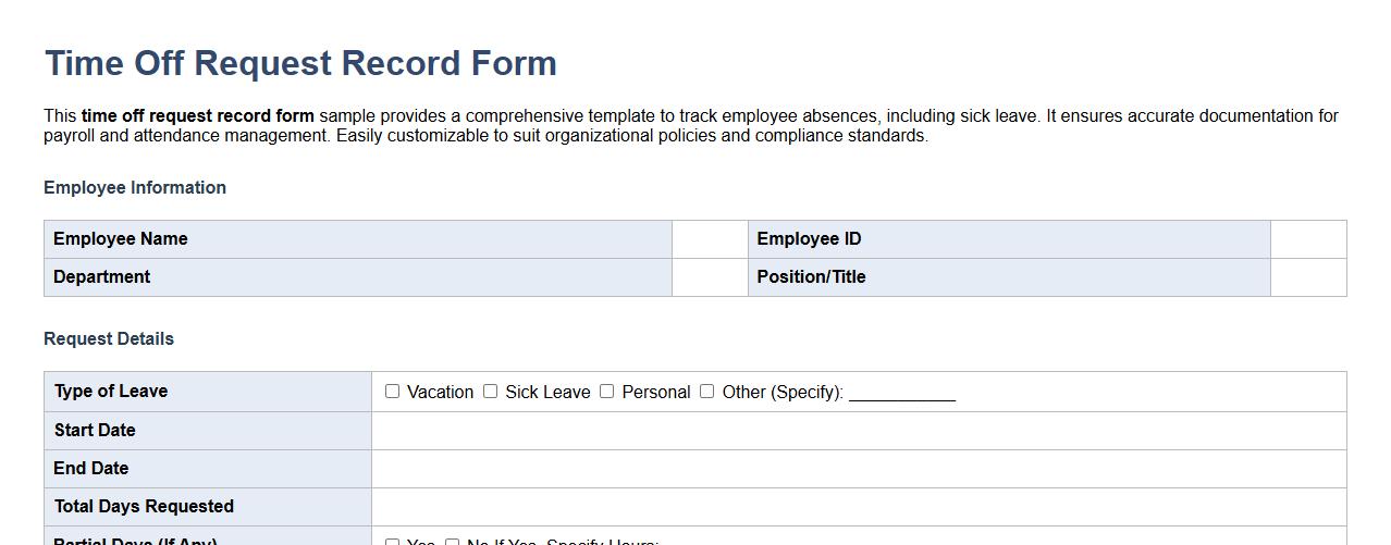 detailed time off request record form sample including sick leave image preview