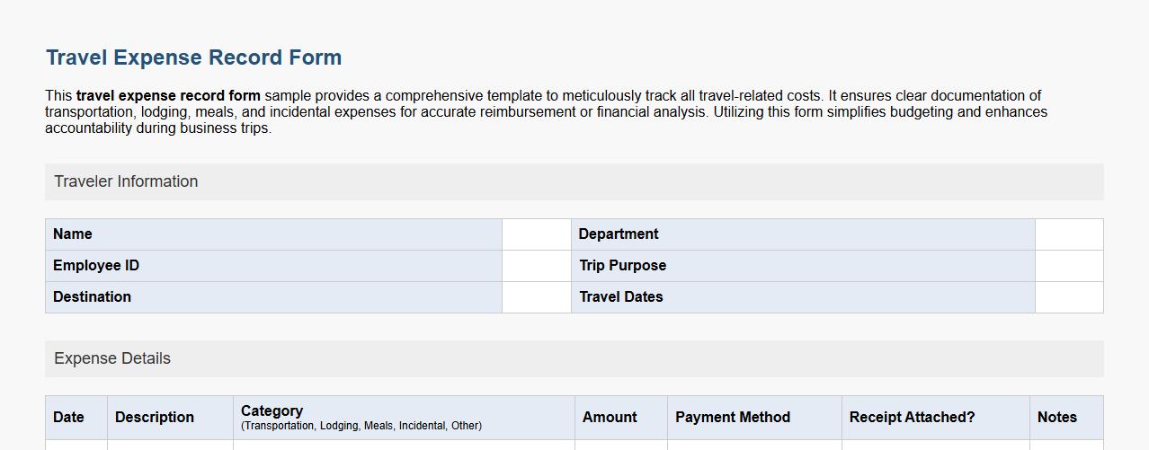 detailed travel expense record form sample image preview