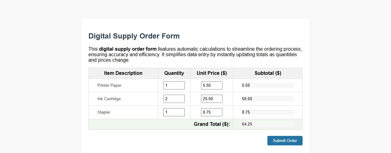 Digital supply order form sample with automatic calculations image preview