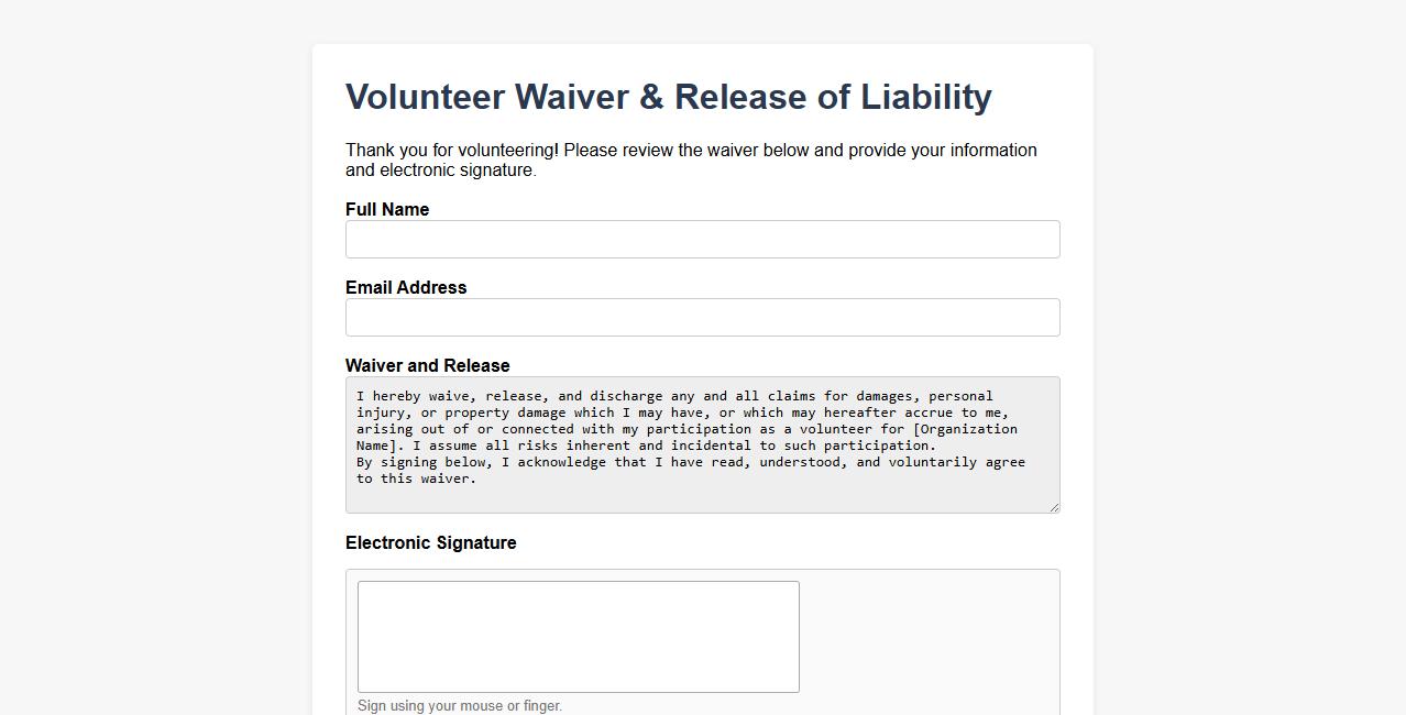 digital volunteer waiver form sample with electronic signature image preview