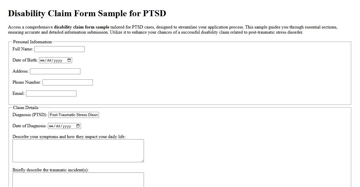 Disability claim form sample for PTSD image preview