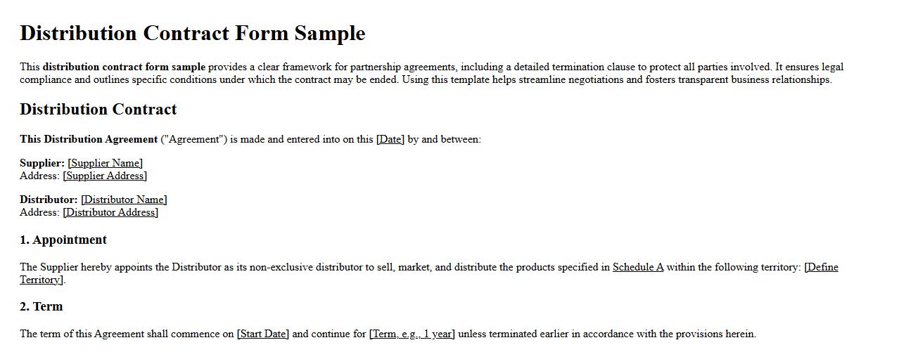 Distribution contract form sample with termination clause image preview