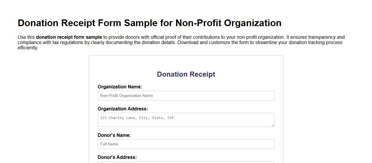 Donation receipt form sample for non-profit organization image preview