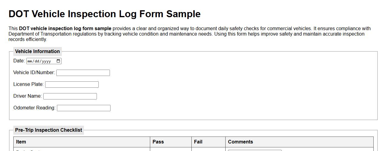 DOT vehicle inspection log form sample image preview