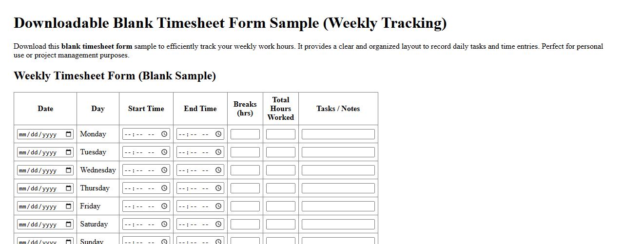 downloadable blank timesheet form sample for weekly tracking image preview