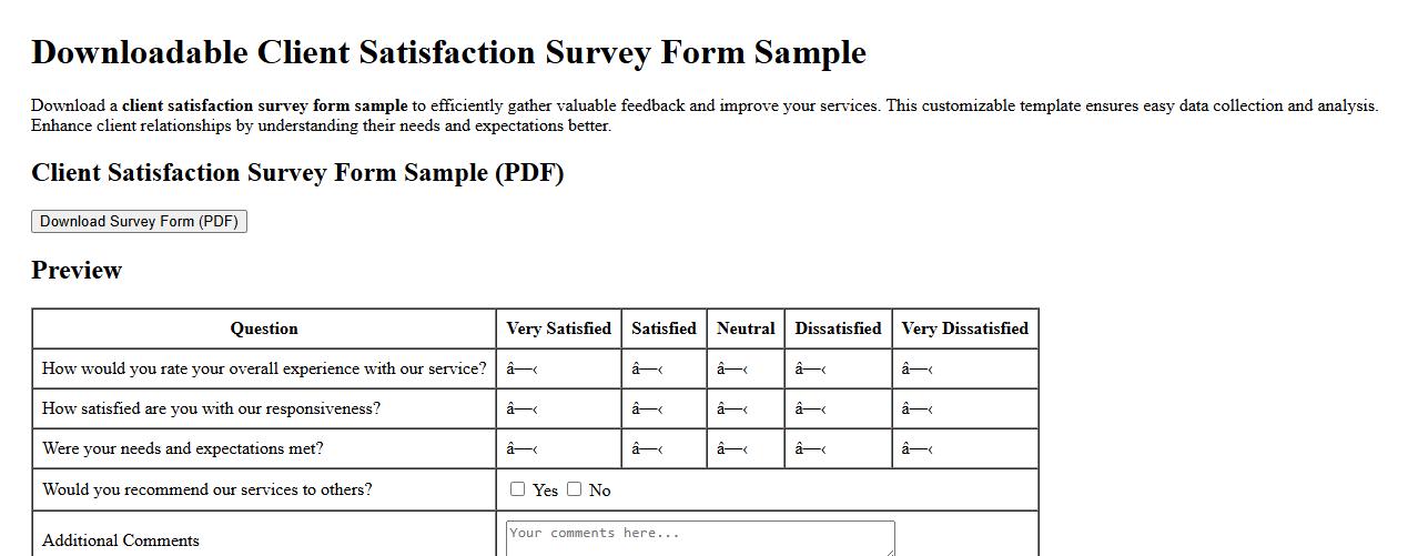 downloadable client satisfaction survey form sample image preview