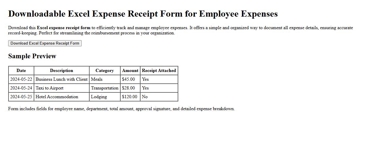 downloadable excel expense receipt form for employee expenses image preview