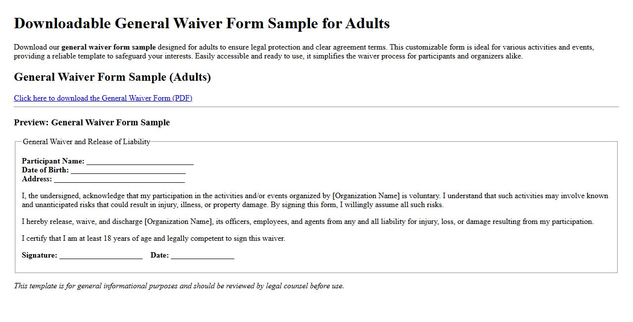 downloadable general waiver form sample for adults image preview