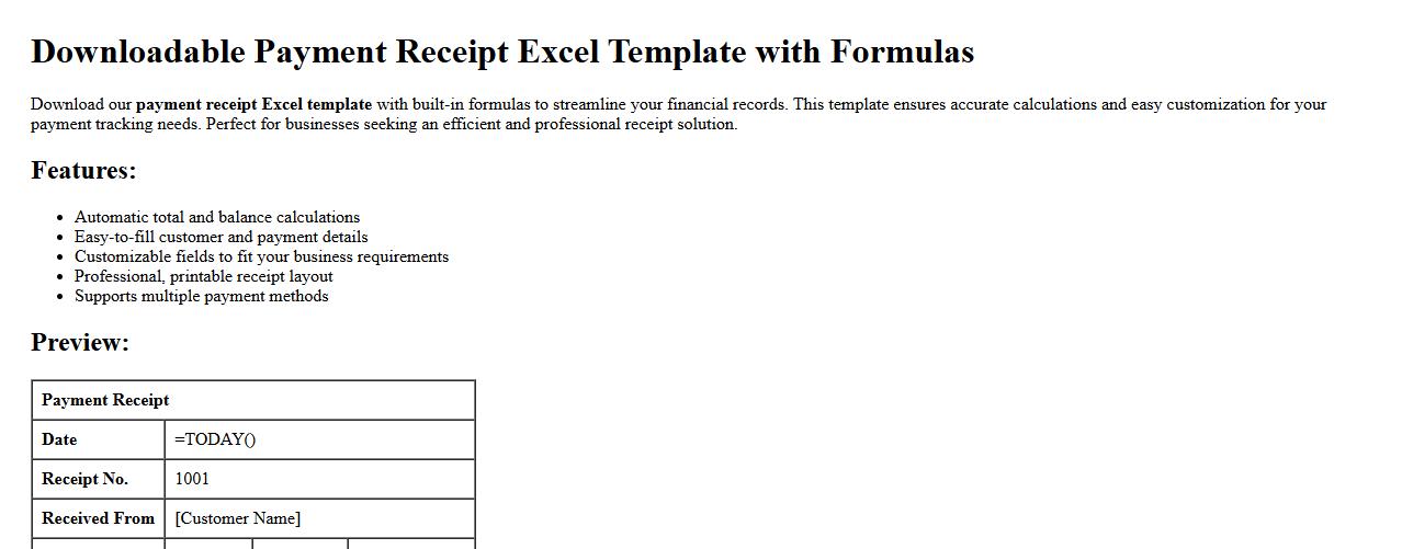 downloadable payment receipt excel template with formulas image preview