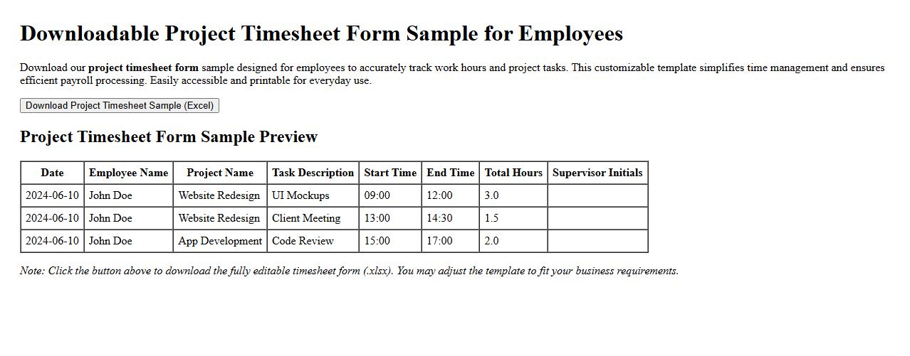 downloadable project timesheet form sample for employees image preview