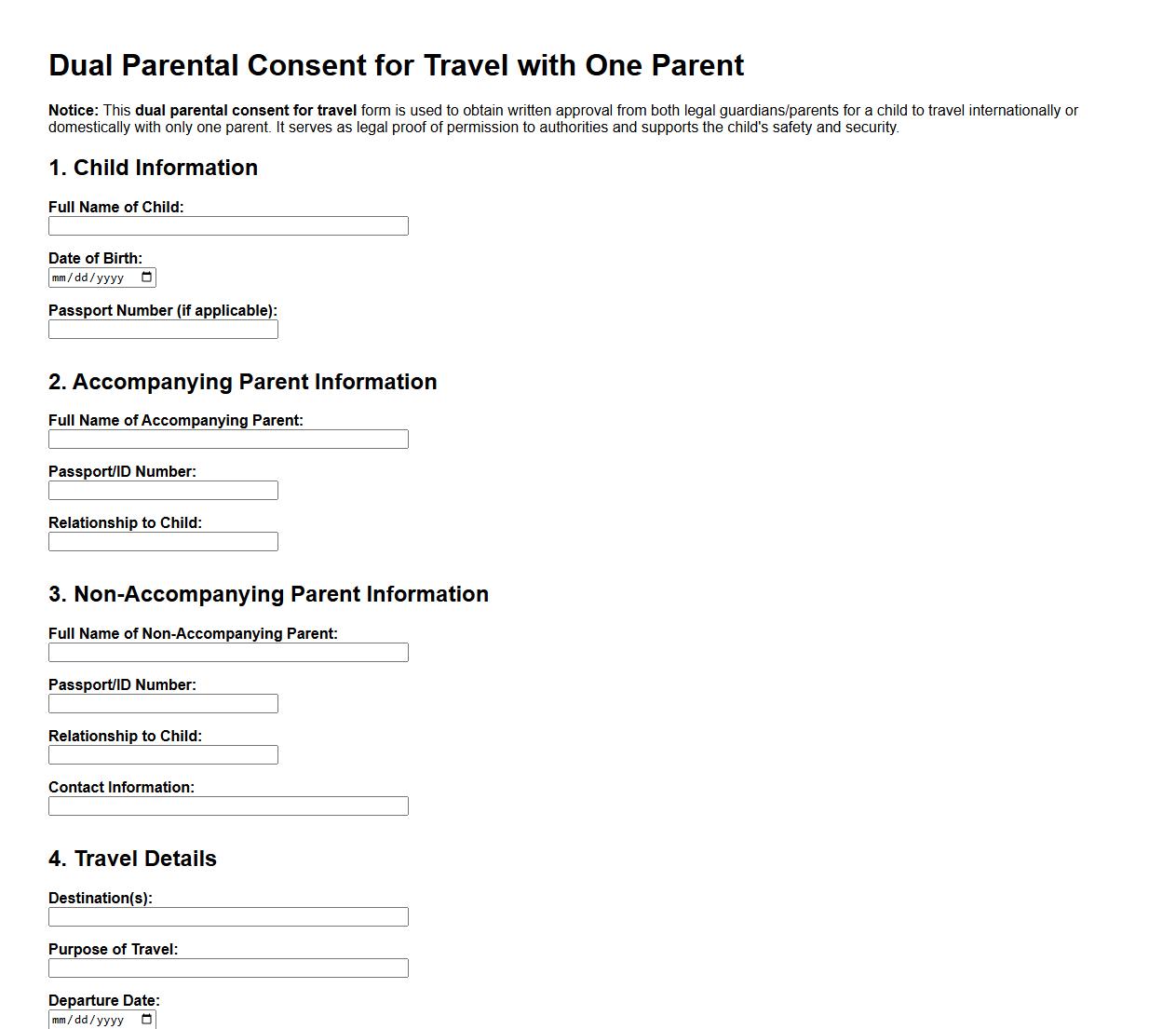 dual parental consent for travel with one parent form sample image preview
