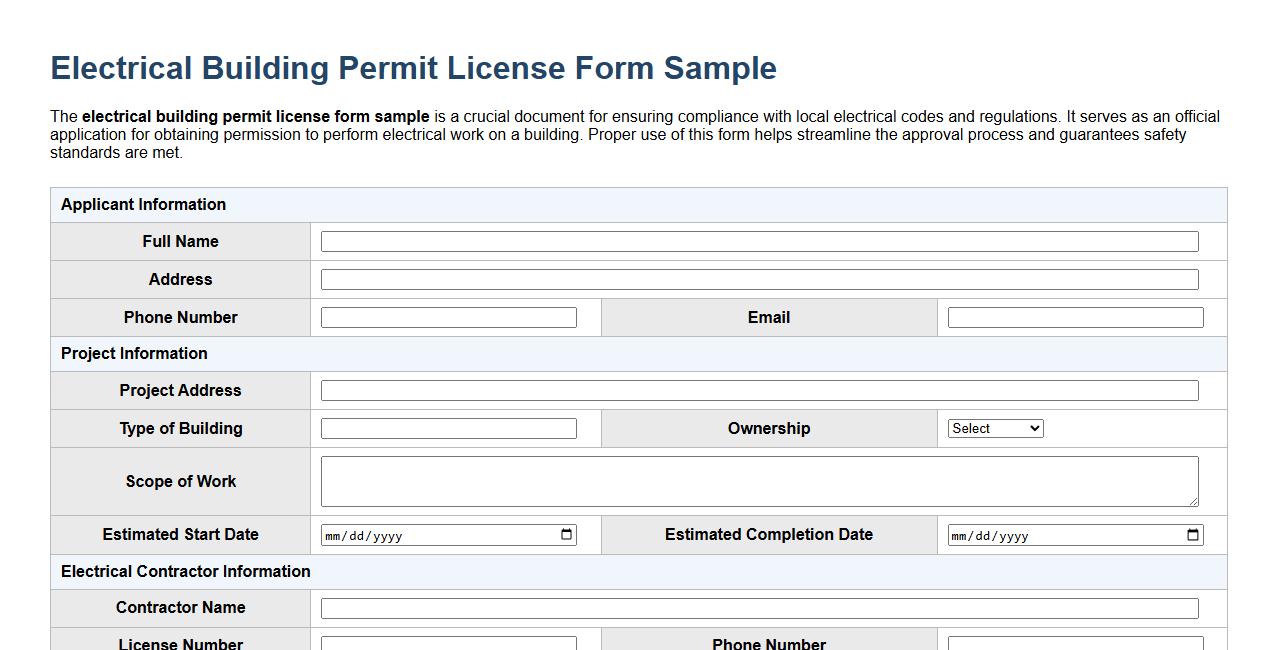 Electrical building permit license form sample image preview