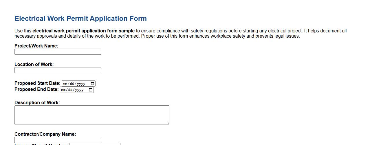 Electrical work permit application form sample image preview