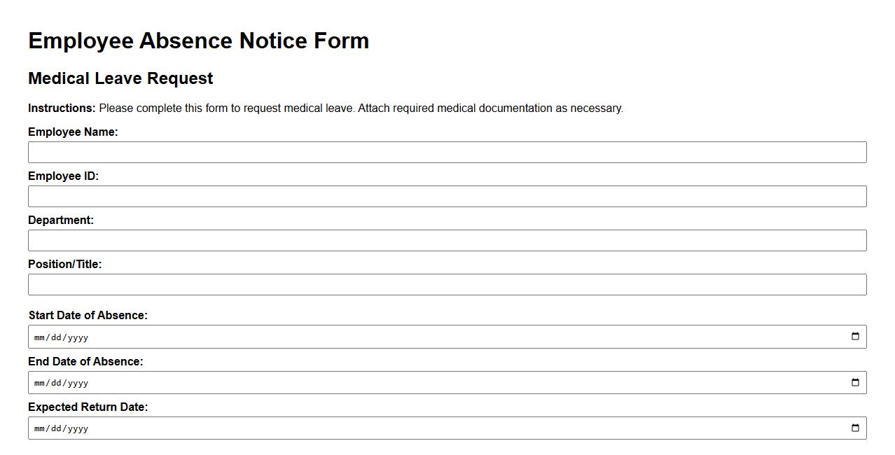 Employee absence notice form sample for medical leave image preview