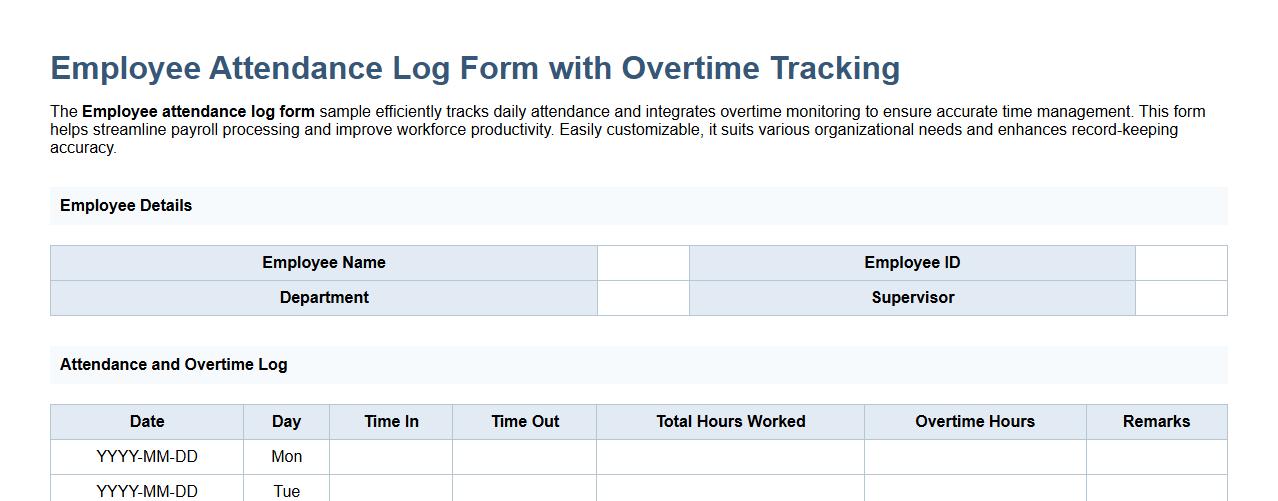 Employee attendance log form sample with overtime tracking image preview