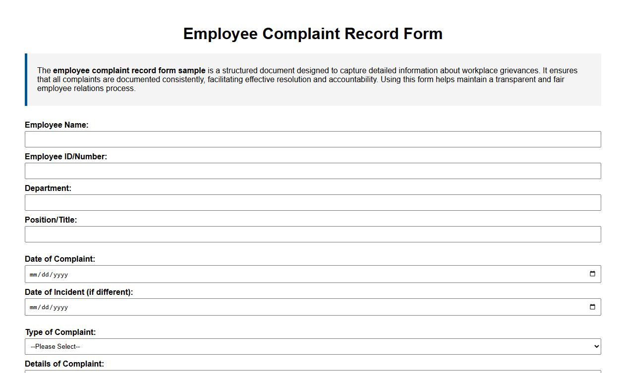 employee complaint record form sample image preview