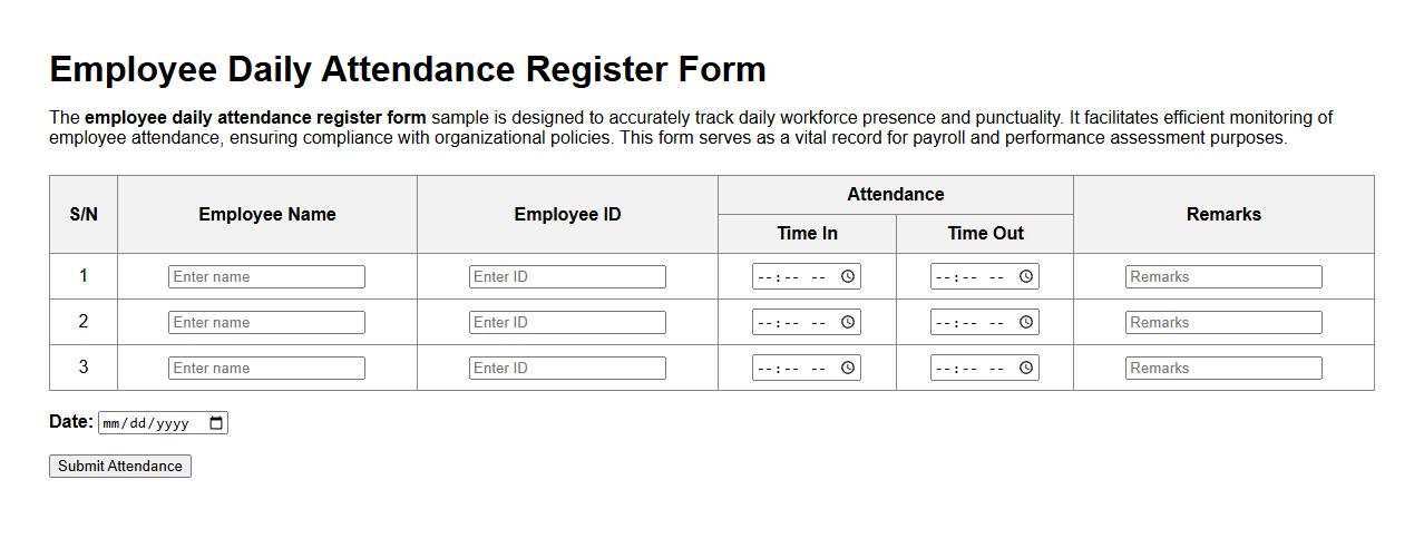 Employee daily attendance register form sample image preview