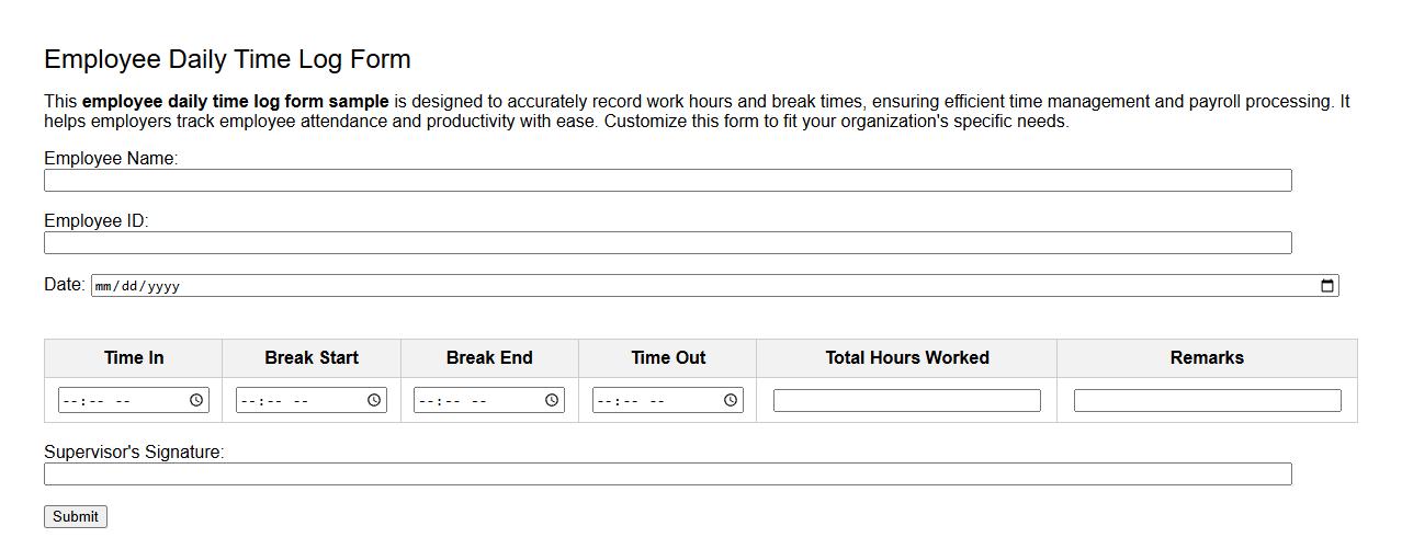 employee daily time log form sample image preview