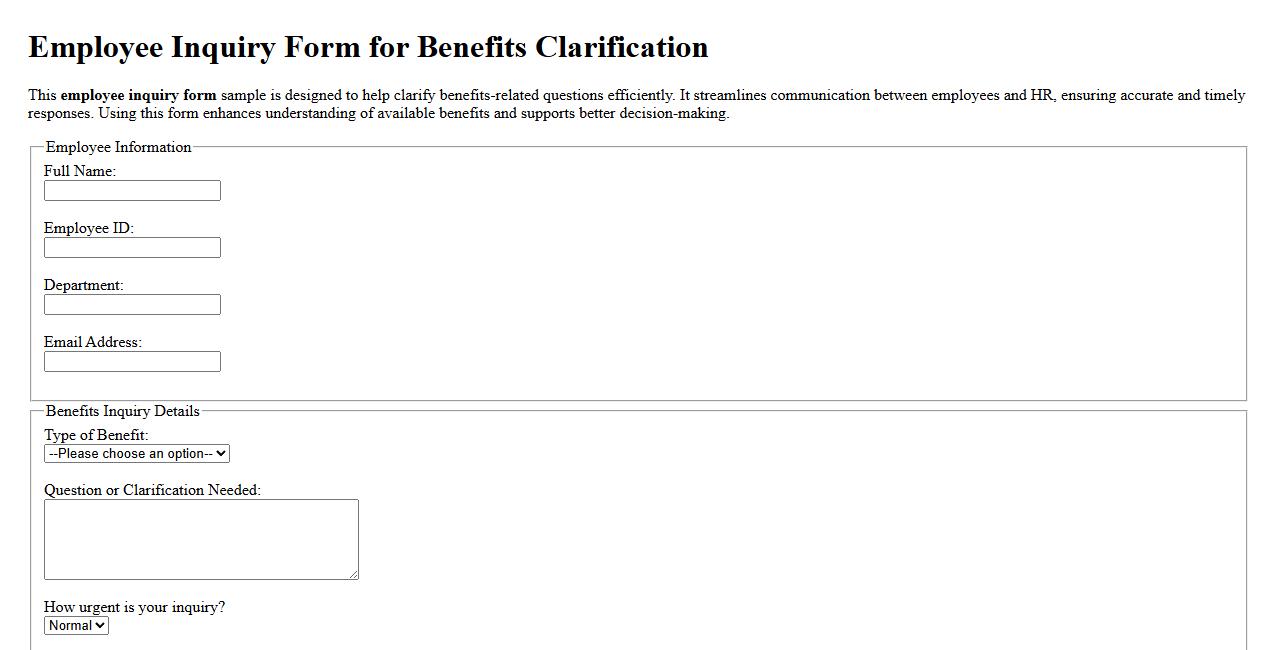 Employee inquiry form sample for benefits clarification image preview
