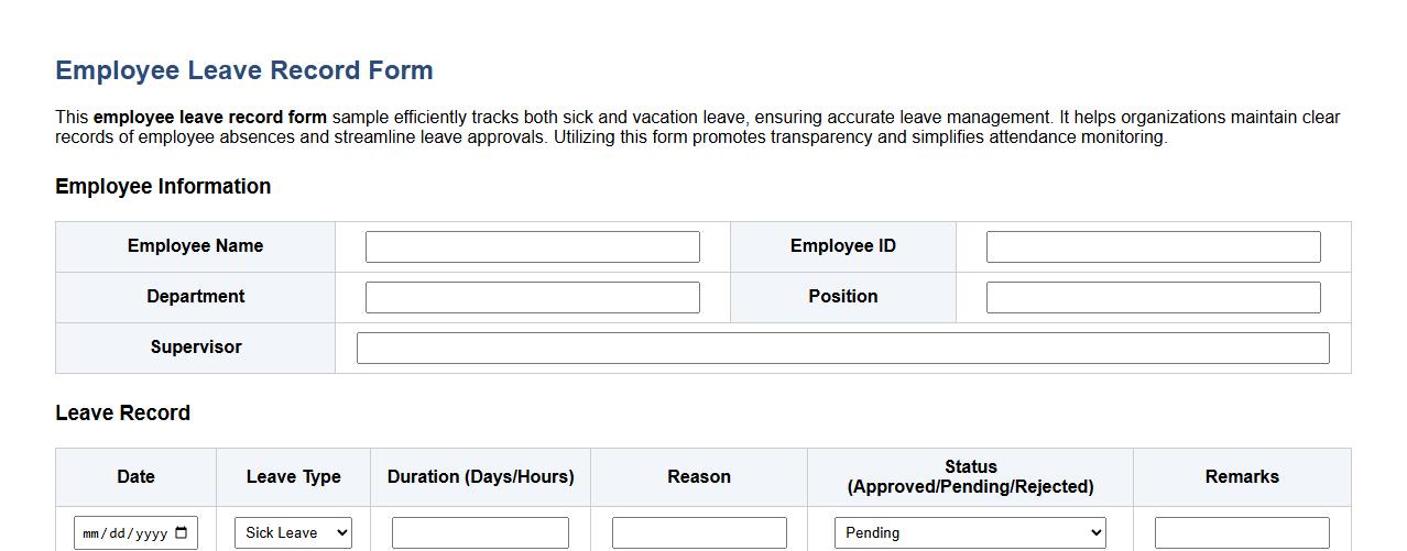 employee leave record form sample including sick and vacation leave image preview