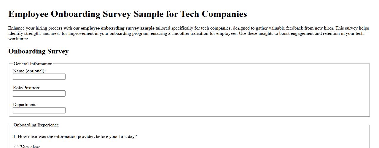 Employee onboarding survey sample for tech companies image preview