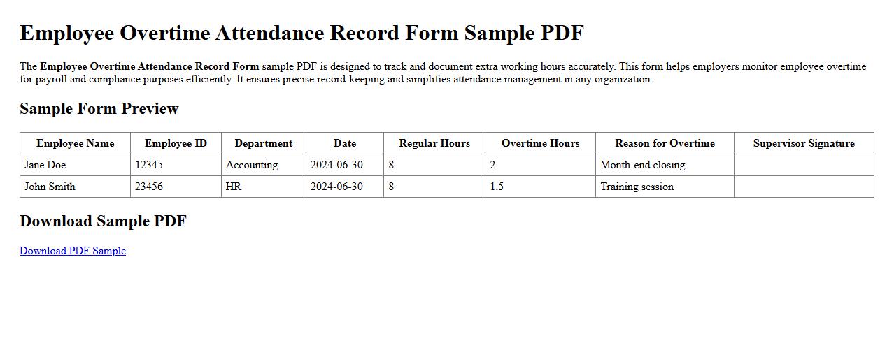 Employee overtime attendance record form sample pdf image preview