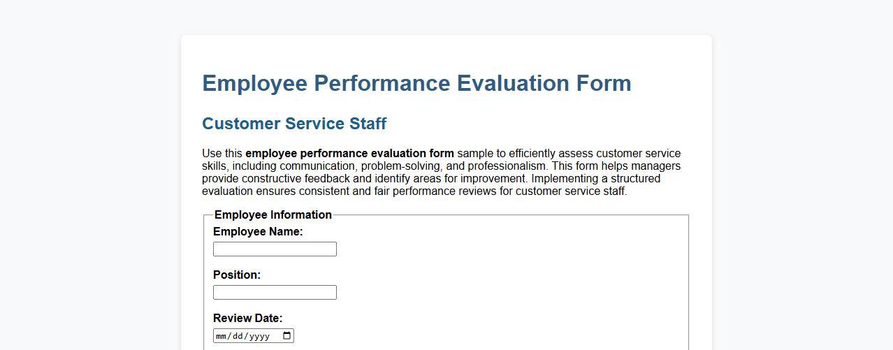 Employee performance evaluation form sample for customer service image preview