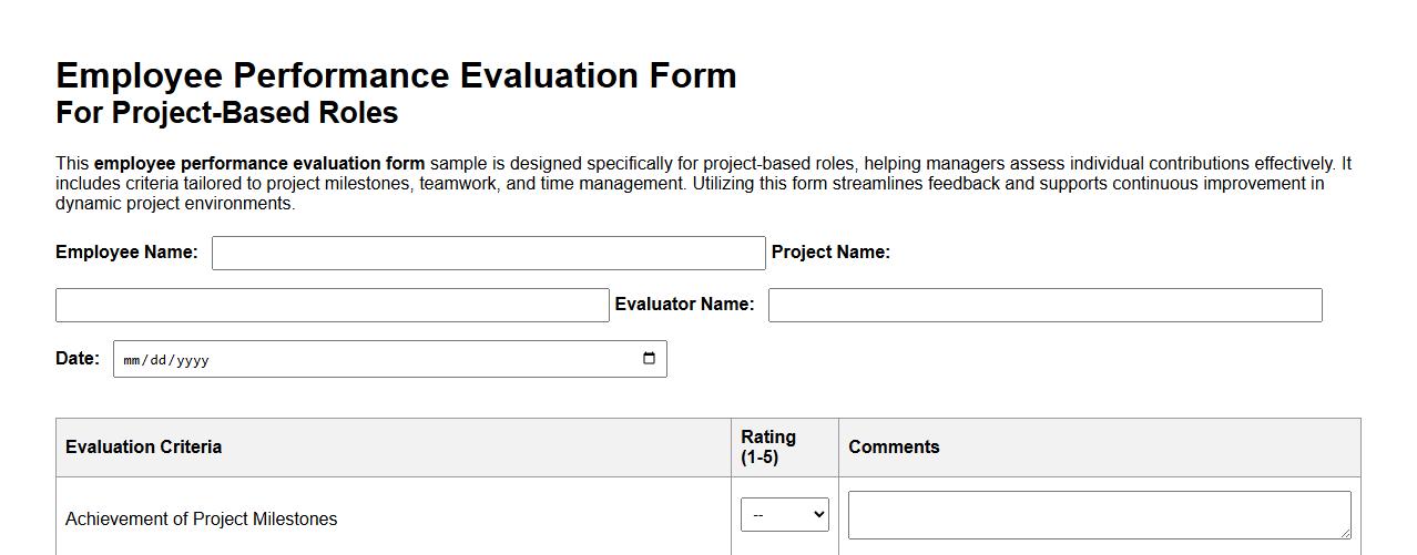 Employee performance evaluation form sample for project-based roles image preview