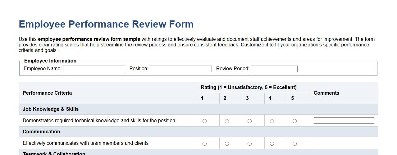 Employee performance review form sample with ratings image preview