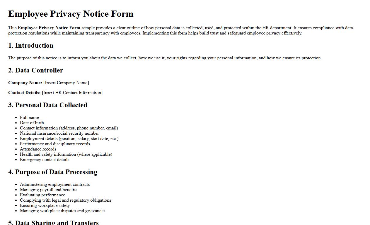 Employee privacy notice form sample for HR image preview