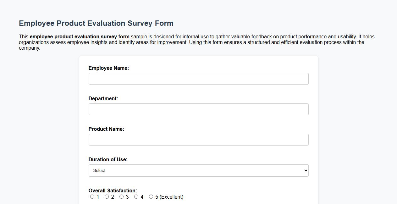 employee product evaluation survey form sample for internal use image preview