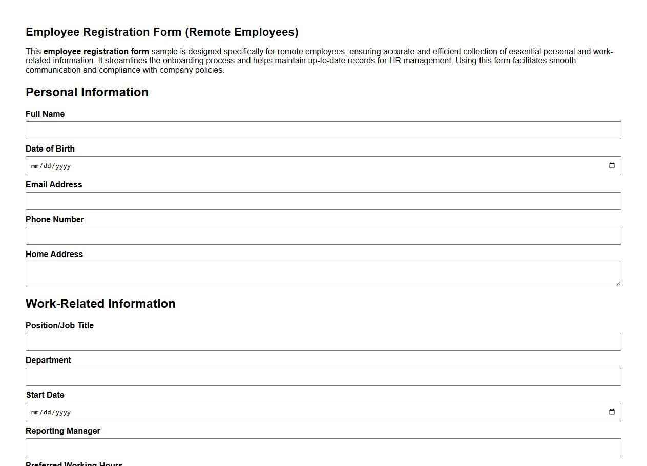 Employee registration form sample for remote employees image preview